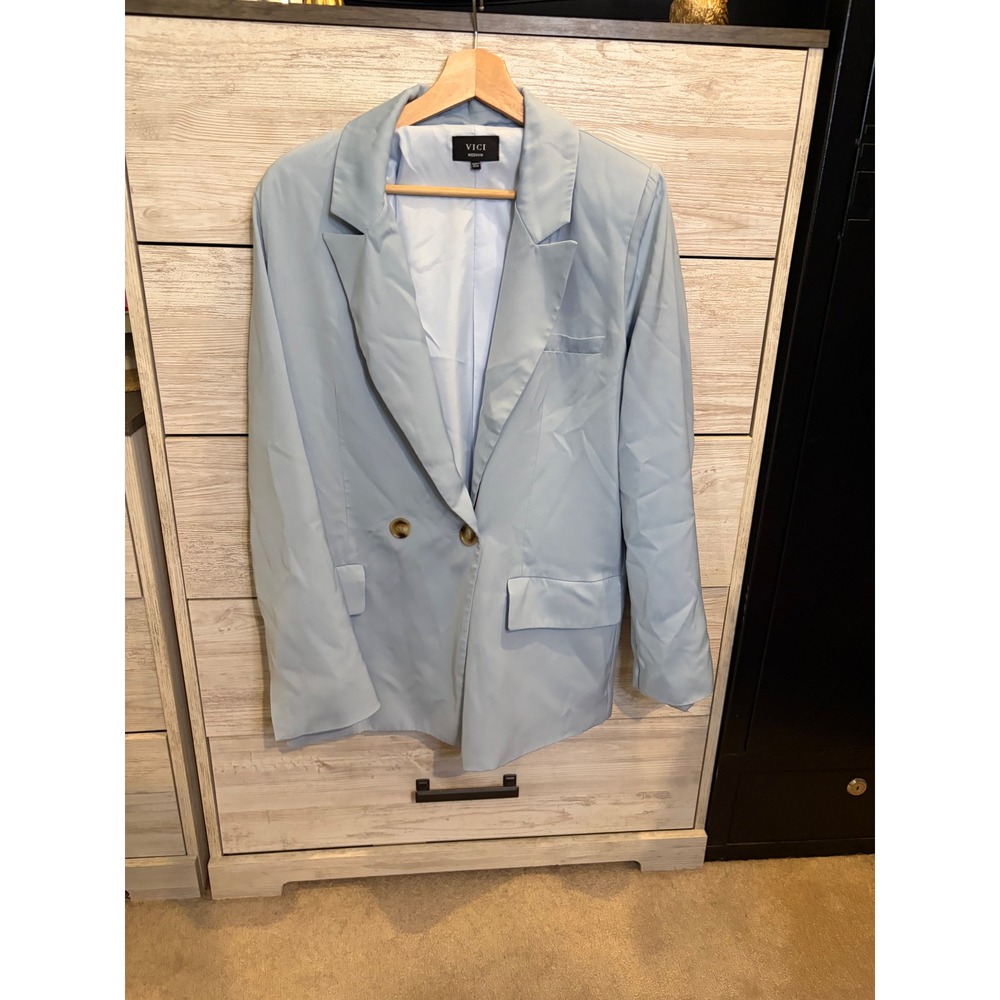 VICI Women Light Blue Double Breasted Blazer Jacket Size Medium Notched Lapel